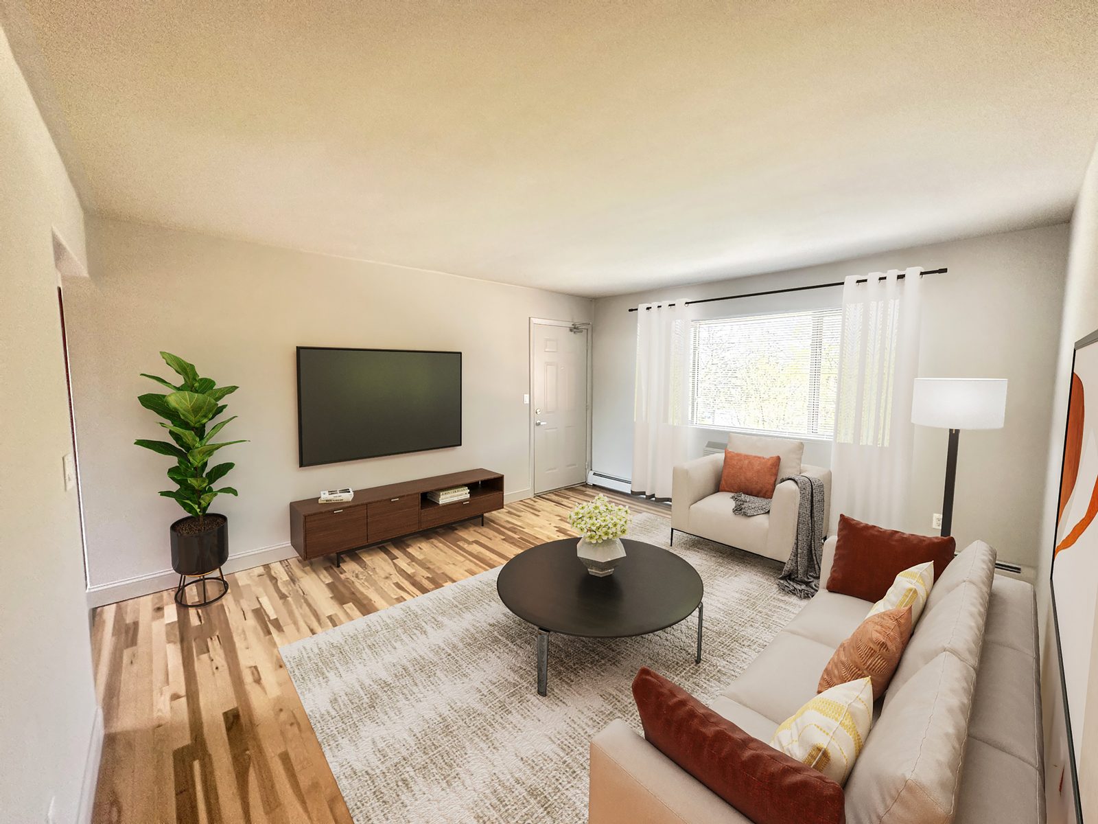 One-bedroom living room at Dutchess Apartments